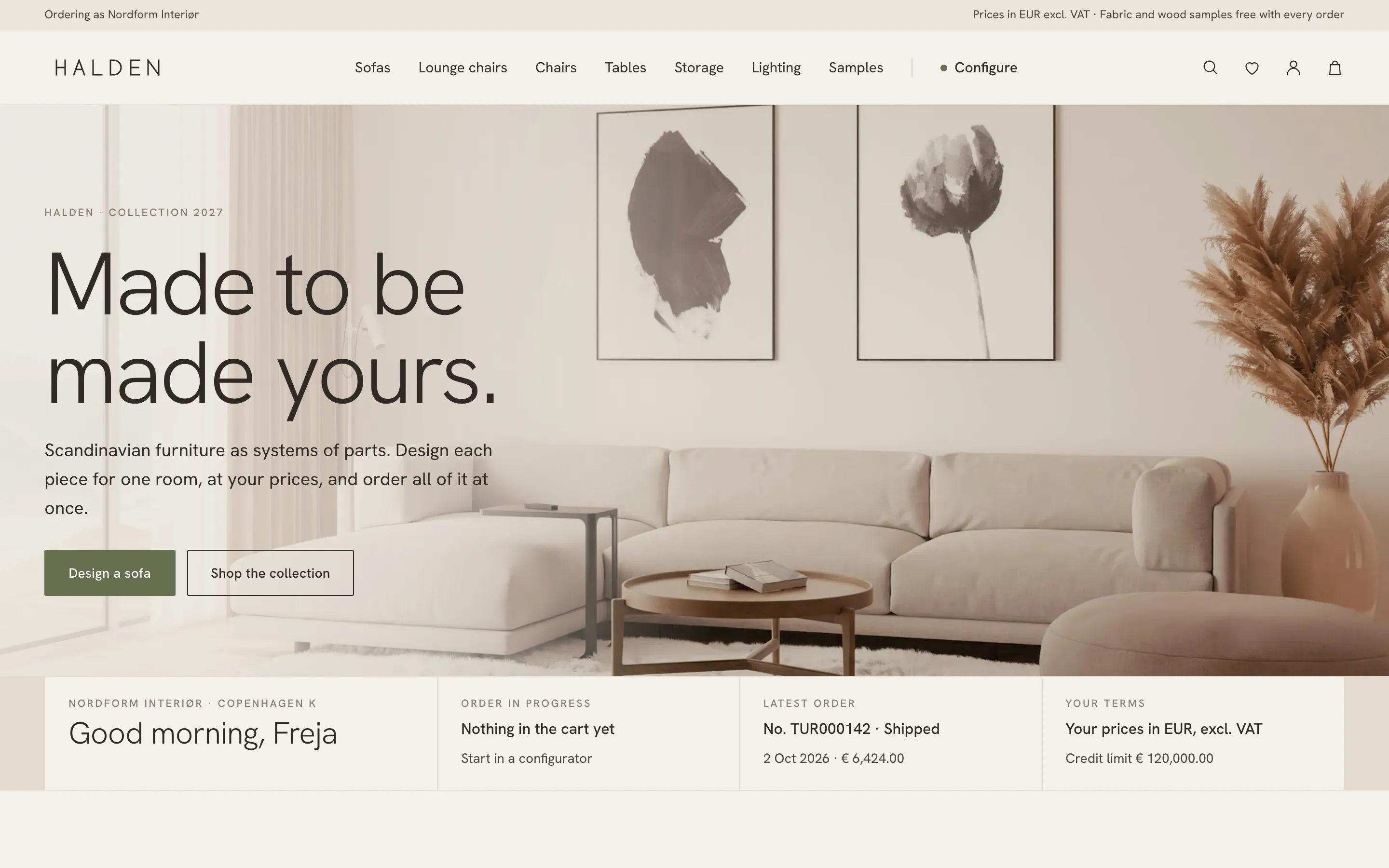 Halden, a furniture brand: an editorial storefront in warm neutrals