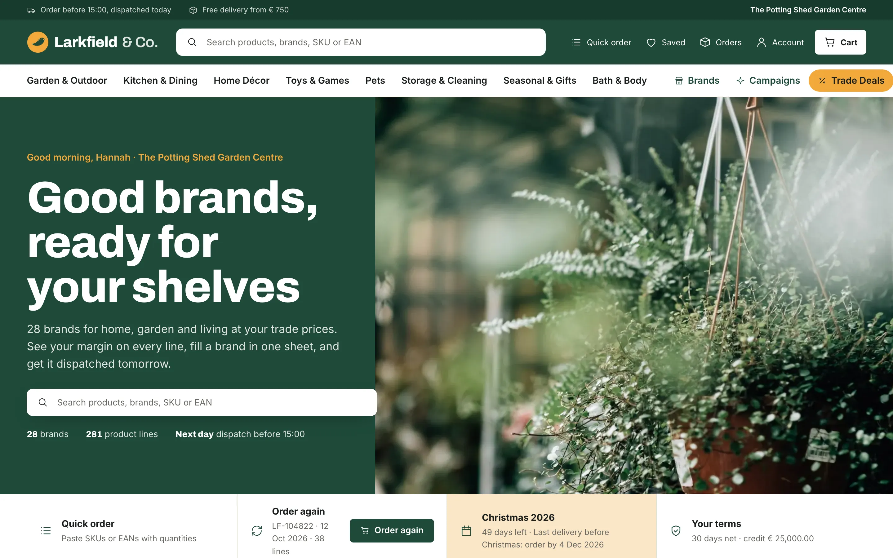 Larkfield & Co., a distributor: a green storefront built for hundred-line trade orders
