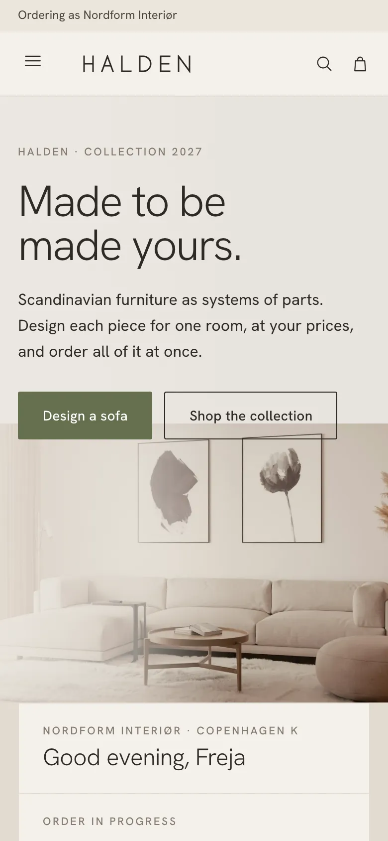 Halden on a phone: the home page with a sofa configurator button and the retailer greeted by name