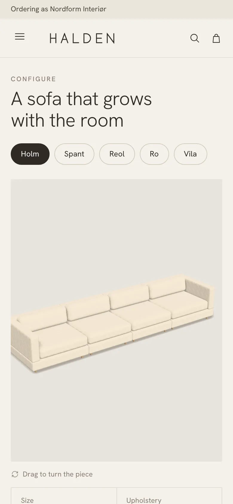 Halden on a phone: the sofa configurator with a four-module sofa on the stage
