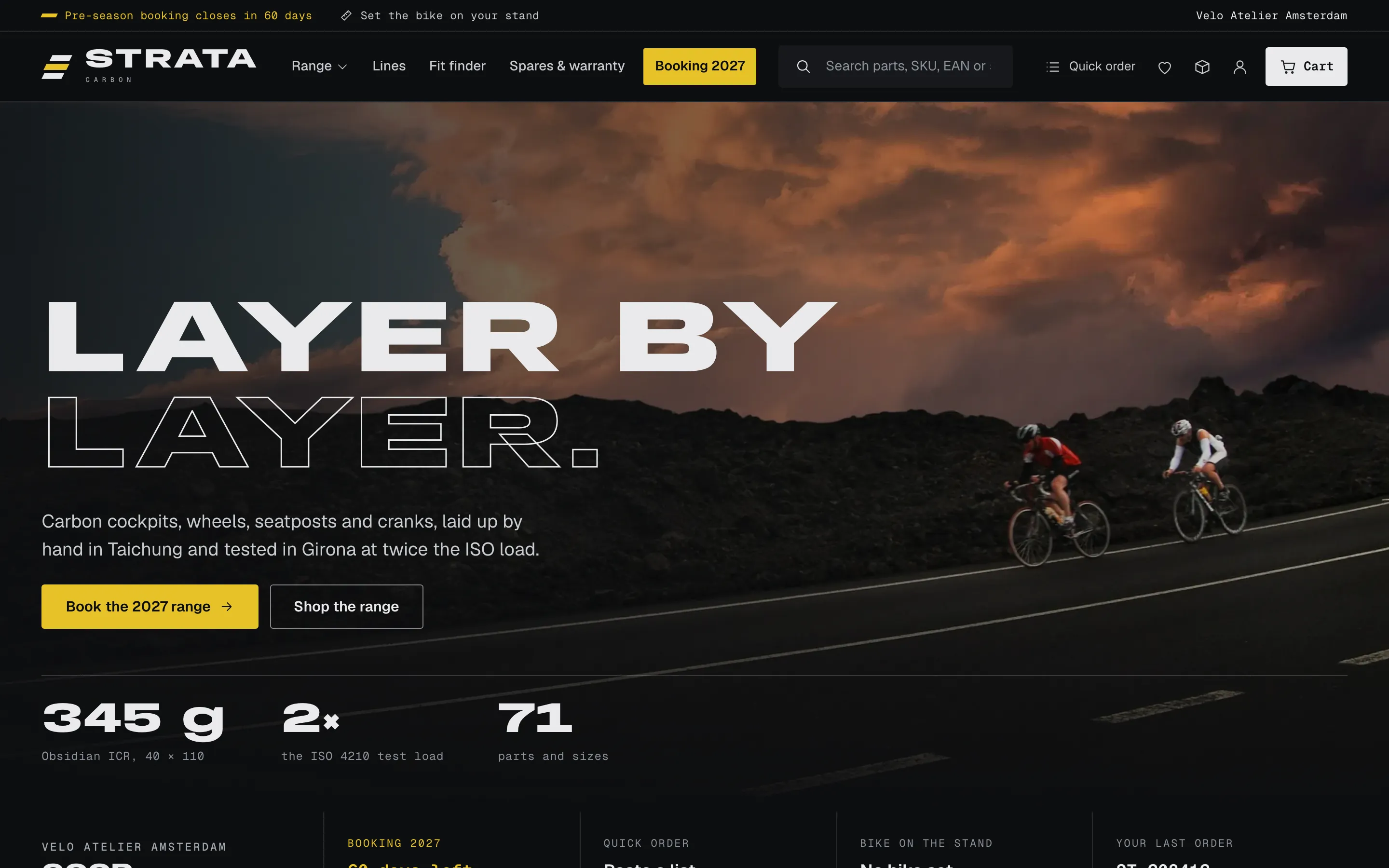 STRATA Carbon, a bike components brand: a black storefront with campaign imagery