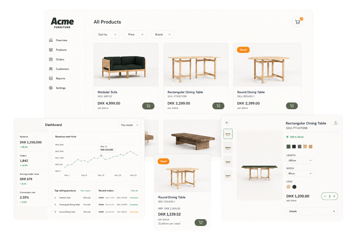 The Turis B2B storefront — product catalogue with sort and filter, overlapping callouts of the operator dashboard and a product variants popup.