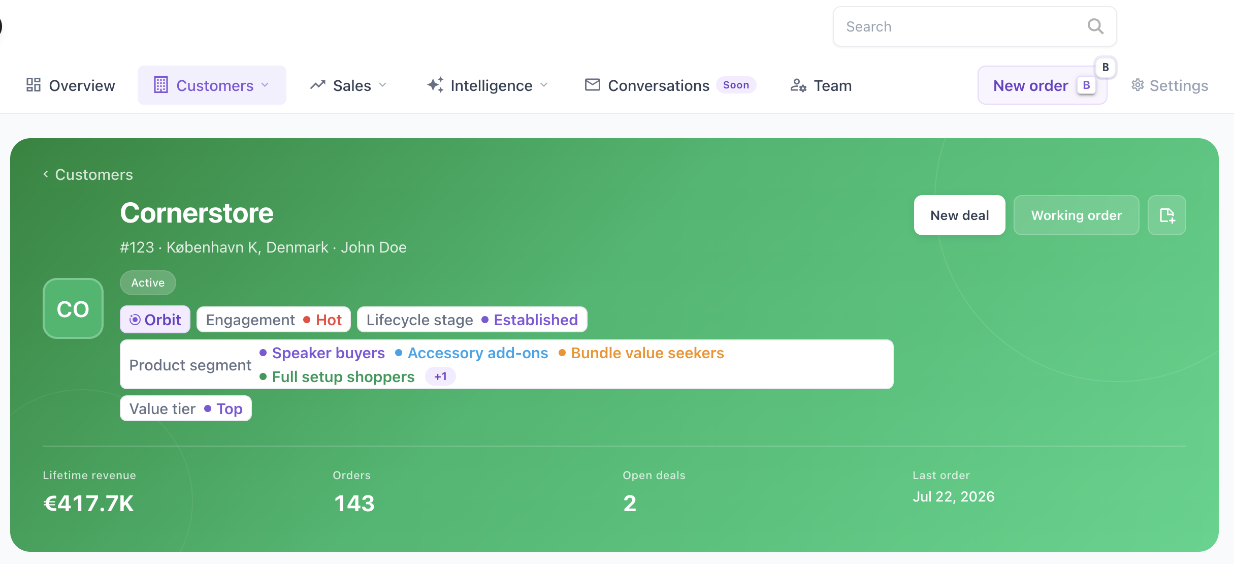 An Orbit customer record header — account name and owner, engagement and lifecycle stage, product segments, value tier, and headline figures for lifetime revenue, orders, open deals and last order