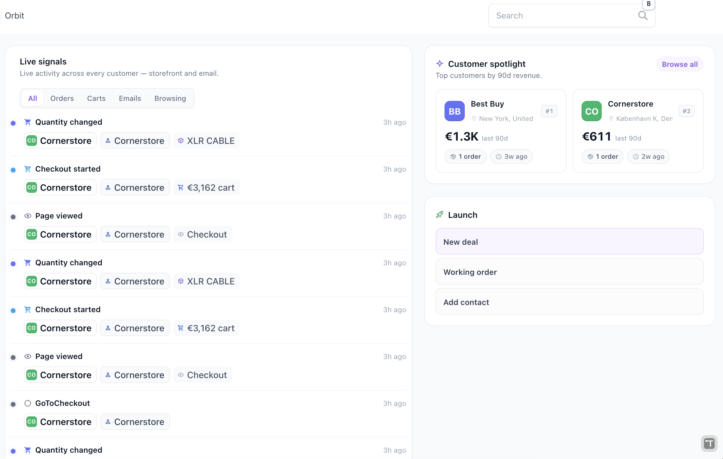 Orbit live signals — a real-time feed of storefront and email activity across every customer, orders, carts and browsing, alongside a customer spotlight of top accounts by recent revenue