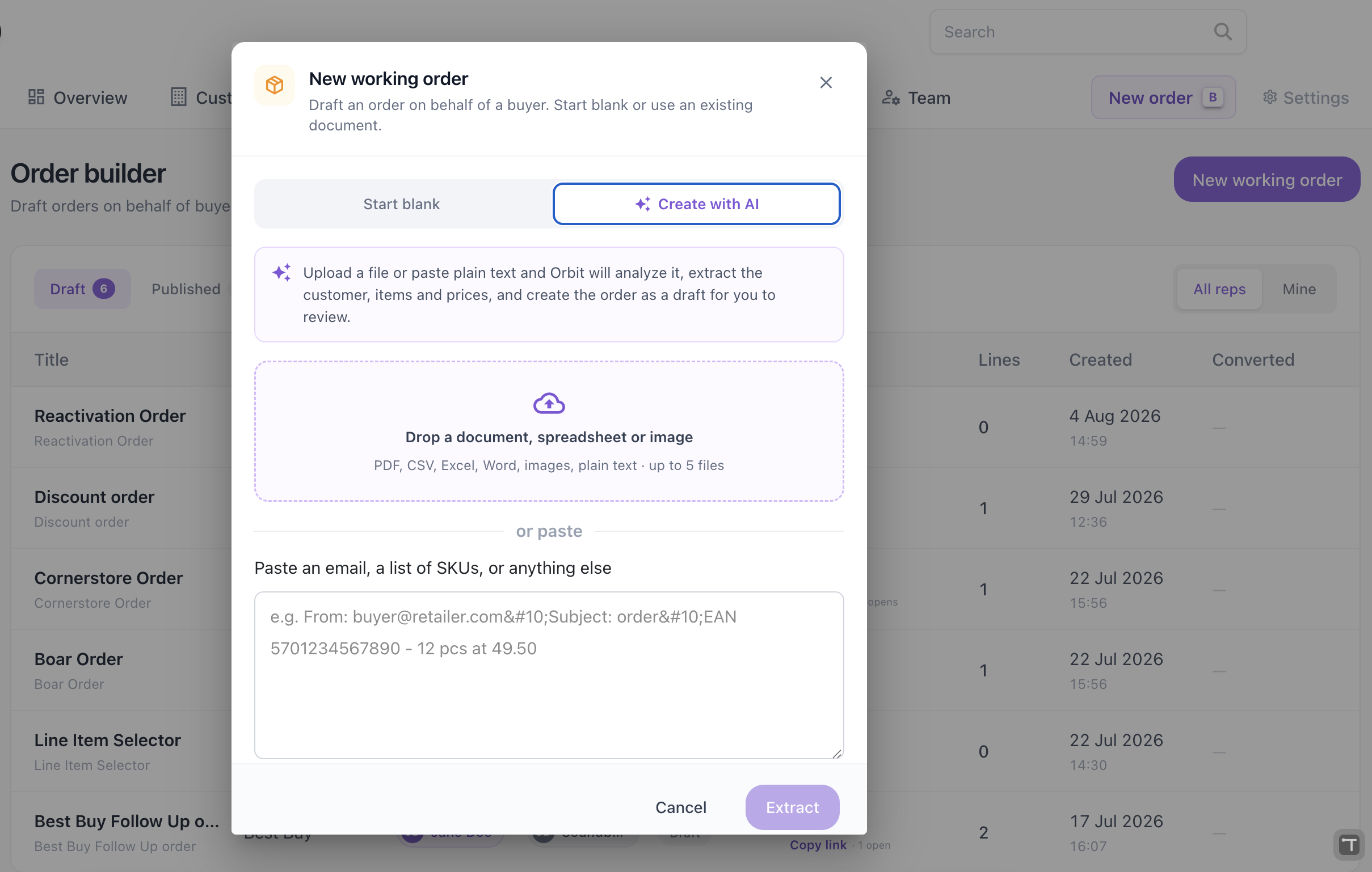 Orbit Order Builder — the New working order dialog with Create with AI selected, ready to turn an uploaded document or a pasted email, PO or SKU list into a drafted order for review