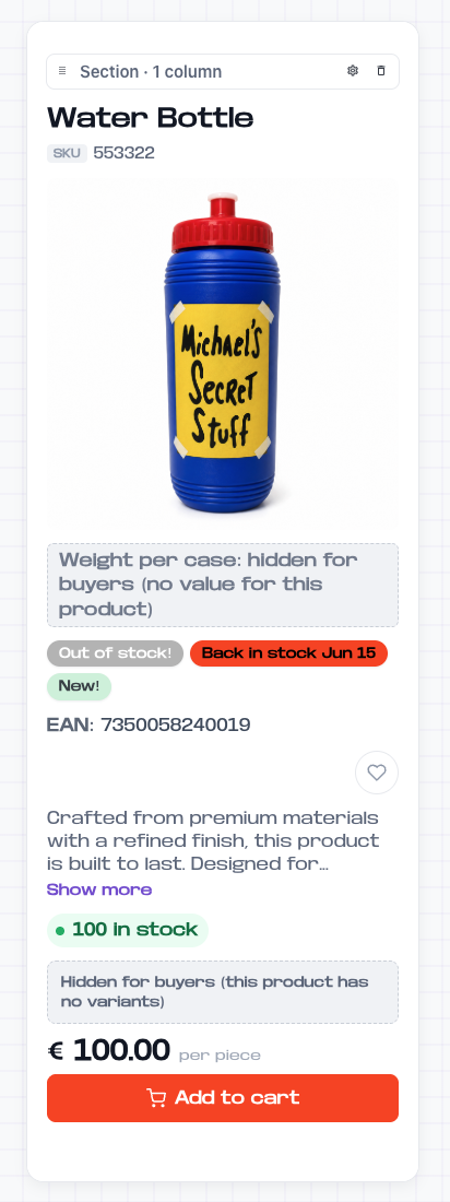 A detailed product card in the Storefront Designer with badges, EAN, description, stock status, and price