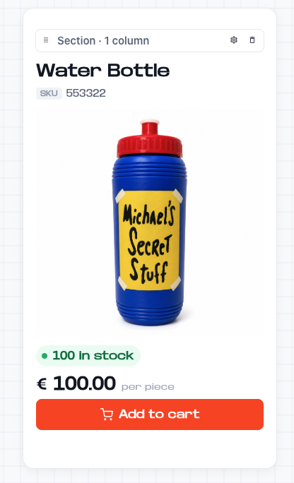The same product card simplified to image, stock status, price, and an add to cart button