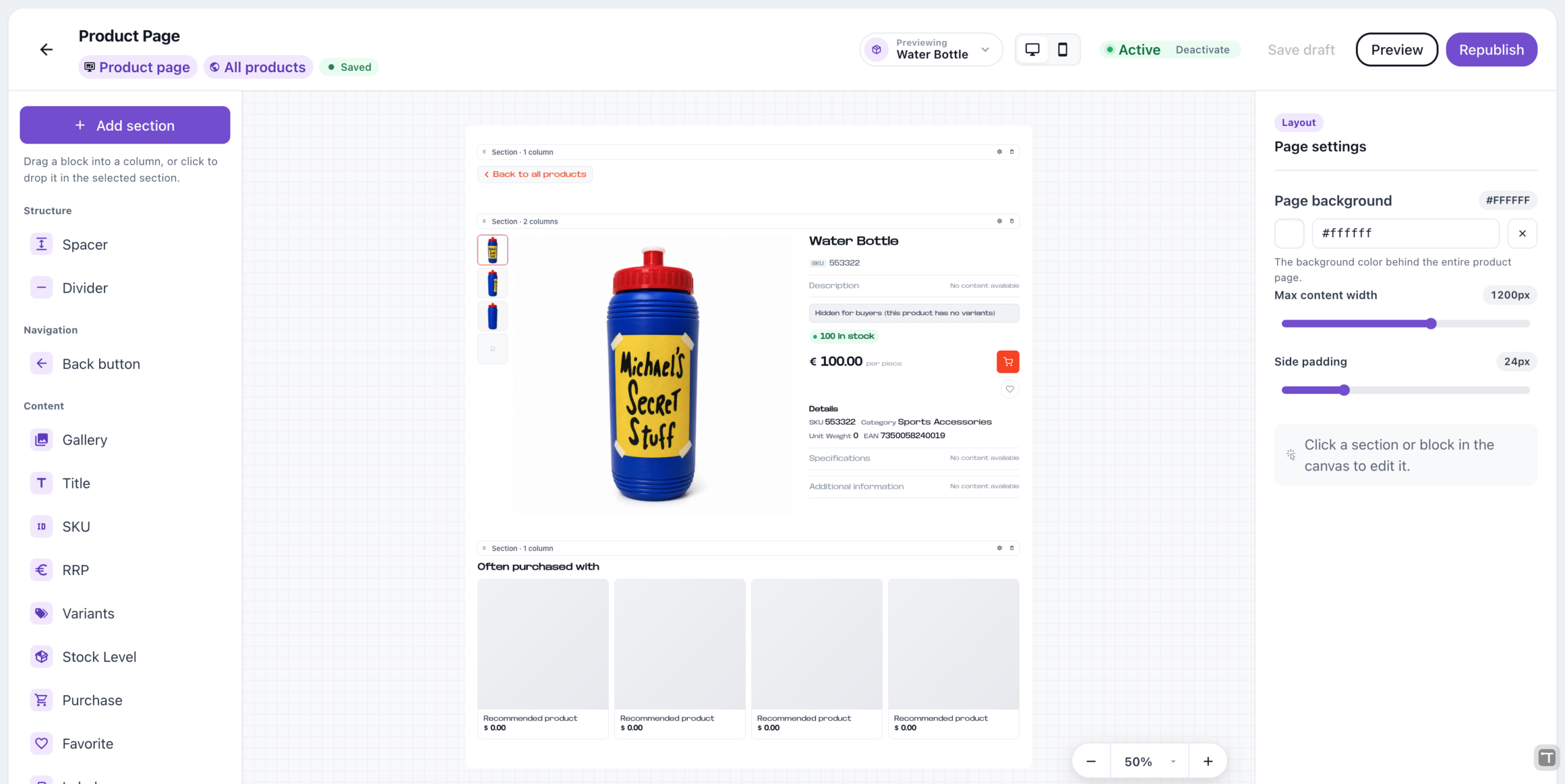 The Storefront Designer composer: a product page layout on the canvas, draggable data blocks like Gallery, Title, SKU, and Stock Level in the left panel, and page settings on the right